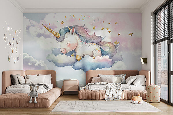 Einhorn schlafend auf Wolken Fototapeten Einhorn schlafend auf Wolken