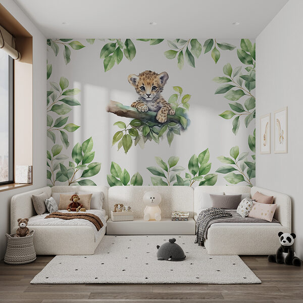 Aquarell eines Leopardenbabys auf einem Baumzweig Fototapeten Aquarell eines Leopardenbabys auf einem Baumzweig