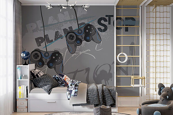 Videospiel-Controller auf grauem Hintergrund Fototapeten Videospiel-Controller auf grauem Hintergrund