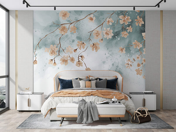 Aquarellblüten auf zarten Zweigen Fototapeten Aquarellblüten auf zarten Zweigen