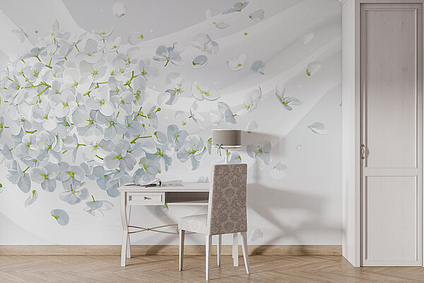 Weiße Blumen fliegen durch die Luft Fototapeten Weiße Blumen fliegen durch die Luft