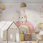 Fototapeten Cartoon-Häschen auf einem Regenbogen