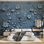 Fototapeten Graue Wand mit Blumen und Blättern