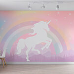 Fototapeten Einhorn mit Regenbogen und Bergen