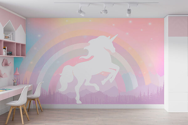 Einhorn mit Regenbogen und Bergen Fototapeten Einhorn mit Regenbogen und Bergen
