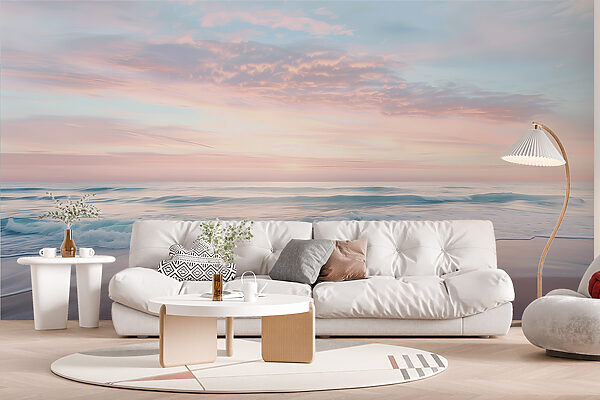 Strand mit Wellen und rosa Himmel Fototapeten Strand mit Wellen und rosa Himmel