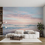 Fototapeten Strand mit Wellen und rosa Himmel