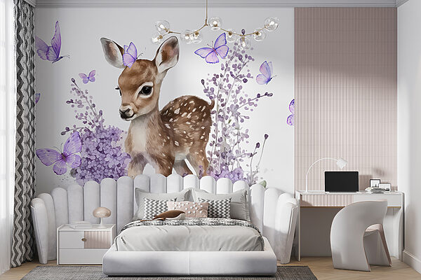 Baby-Hirsch umgeben von lila Blumen Fototapeten Baby-Hirsch umgeben von lila Blumen