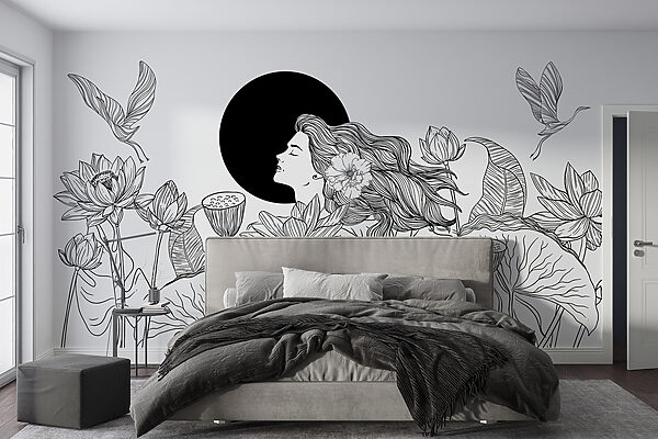 Fototapeten Frau mit langen Haaren und Blumen