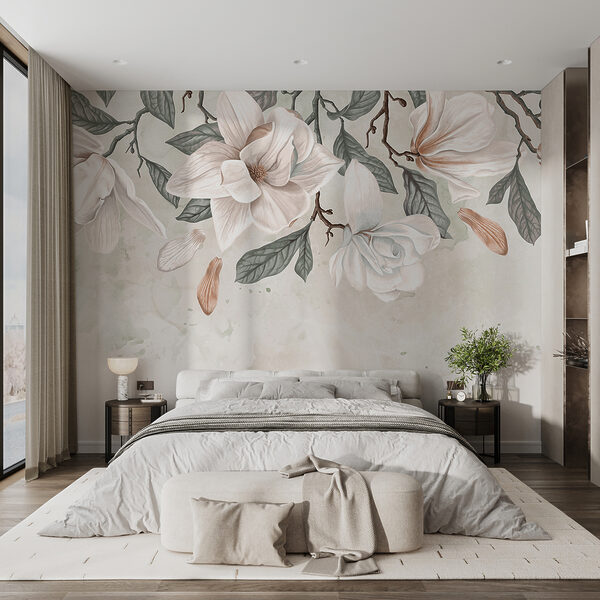 Weiße Blumen und Blätter auf einem weißen Hintergrund Fototapeten Weiße Blumen und Blätter auf einem weißen Hintergrund
