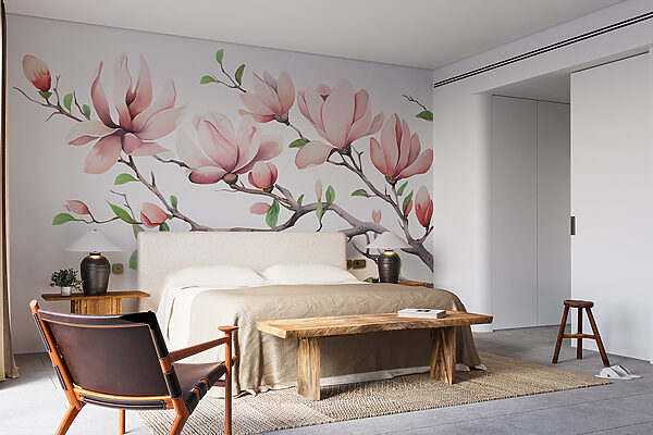 Zweig mit rosa Blüten und Blättern Fototapeten Zweig mit rosa Blüten und Blättern
