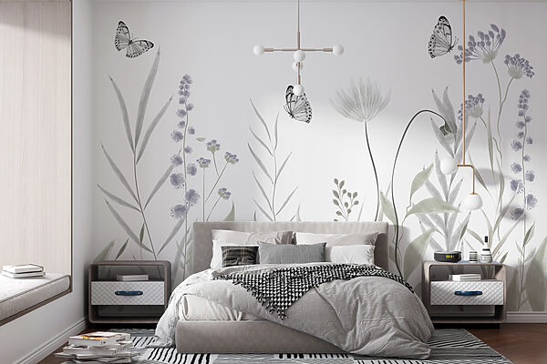 Schmetterlinge fliegen über Blumen Fototapeten Schmetterlinge fliegen über Blumen