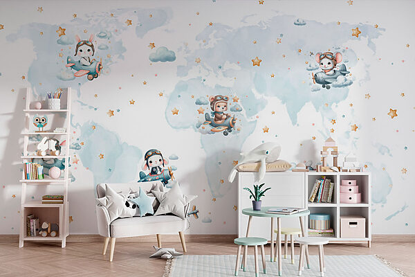 Weltkarte mit Cartoon-Tieren Fototapeten Weltkarte mit Cartoon-Tieren
