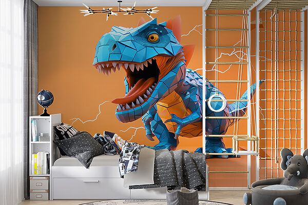 Fototapeten Blauer Dinosaurier mit einem Blitz, der aus ihm herauskommt