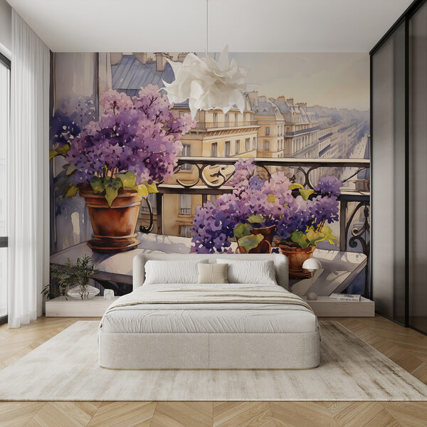 Gemälde eines Balkons mit lila Blumen Fototapeten Gemälde eines Balkons mit lila Blumen