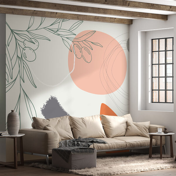 Grafikdesign eines Zweigs mit Oliven und Kreisen Fototapeten Grafikdesign eines Zweigs mit Oliven und Kreisen