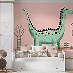 Fototapeten Cartoon Dinosaurier mit Pflanzen und Blättern