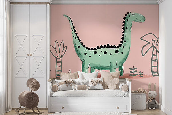 Fototapeten Cartoon Dinosaurier mit Pflanzen und Blättern