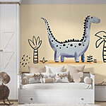 Fototapeten Cartoon Dinosaurier mit Pflanzen und Blumen