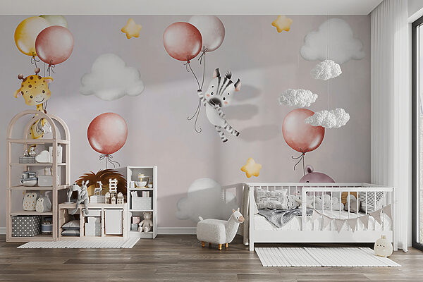 Tapete mit Tieren und Luftballons Fototapeten Tapete mit Tieren und Luftballons