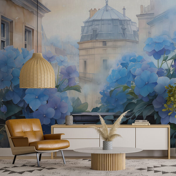 Gemälde mit blauen Blumen auf einem Balkon Fototapeten Gemälde mit blauen Blumen auf einem Balkon