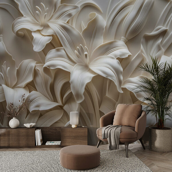 Fototapeten Weiße Blumenskulptur an einer Wand