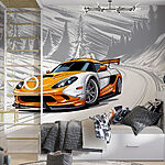 Fototapeten Gelber und weißer Sportwagen auf einer verschneiten Straße