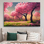 Wandbilder Feld mit rosa Blumen und Bäumen