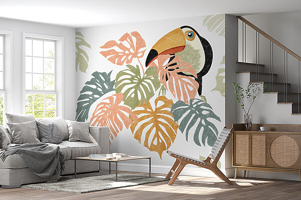 Vogel mit großem Schnabel und bunten Blättern Fototapeten Vogel mit großem Schnabel und bunten Blättern