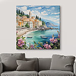 Wandbilder Gemälde einer Stadt am Strand mit Booten und Blumen