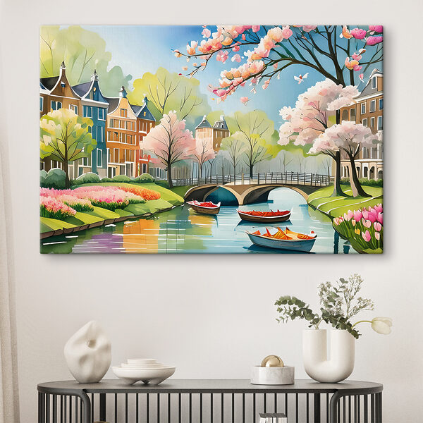 Gemälde eines Flusses mit Booten, einer Brücke und Bäumen Wandbilder Gemälde eines Flusses mit Booten, einer Brücke und Bäumen