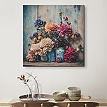 Wandbilder Gruppe von bunten Blumen in blauen Vasen