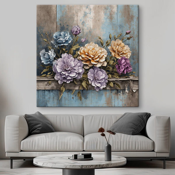 Gemälde von Blumen auf einem Holzsims Wandbilder Gemälde von Blumen auf einem Holzsims