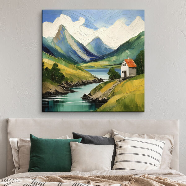 Gemälde eines Hauses auf einem Hügel an einem Fluss Wandbilder Gemälde eines Hauses auf einem Hügel an einem Fluss