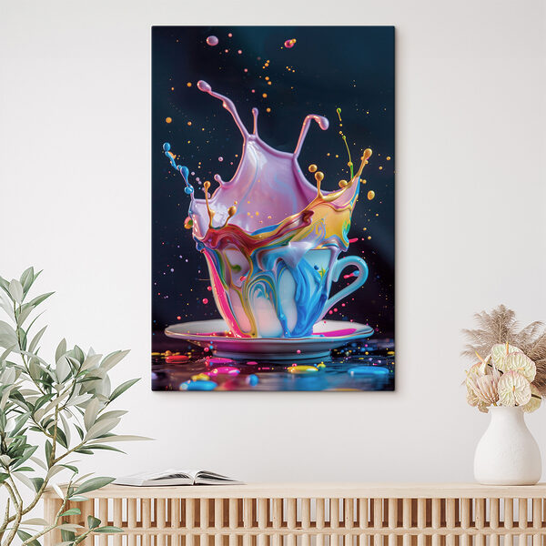 Bunte Flüssigkeit spritzt in eine Tasse Wandbilder Bunte Flüssigkeit spritzt in eine Tasse