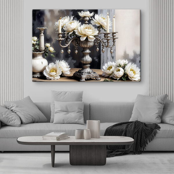 Silberner Kandelaber mit weißen Blumen Wandbilder Silberner Kandelaber mit weißen Blumen