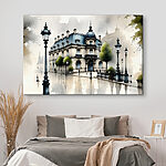 Wandbilder Gemälde eines Gebäudes mit Bäumen und einer Straßenlaterne