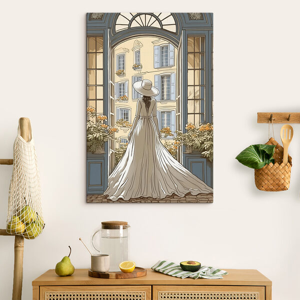 Frau in Kleid und Hut schaut aus einem Fenster Wandbilder Frau in Kleid und Hut schaut aus einem Fenster
