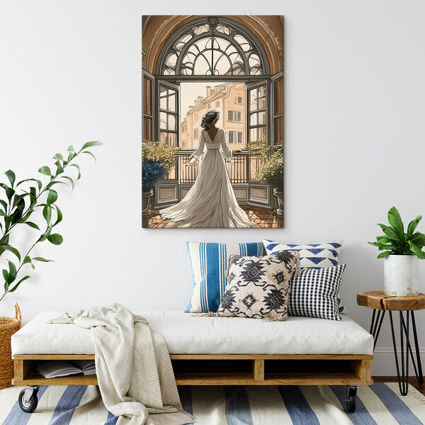 Frau im weißen Kleid schaut aus dem Fenster Wandbilder Frau im weißen Kleid schaut aus dem Fenster