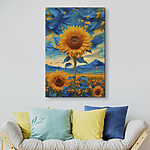 Wandbilder Sonnenblume mit blauen und gelben Blättern