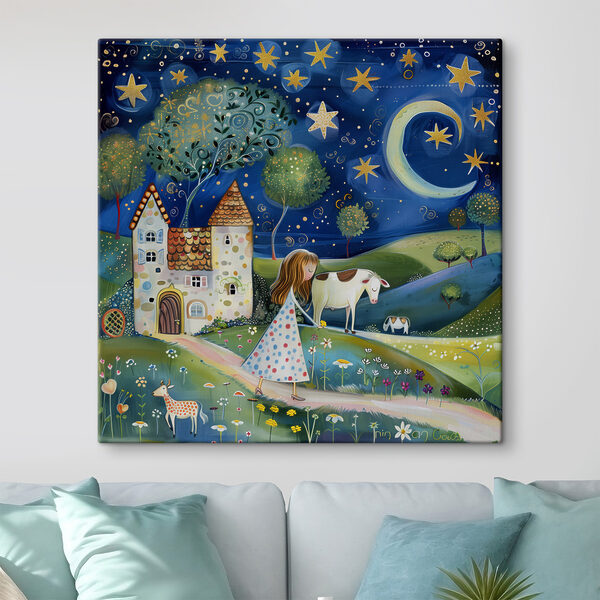 Mädchen geht auf einem Weg mit einer Kuh und einem Haus Wandbilder Mädchen geht auf einem Weg mit einer Kuh und einem Haus