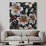 Wandbilder Elegante florale Stickerei auf dunklem Stoff