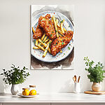 Wandbilder Teller mit Hähnchenflügeln und Pommes frites