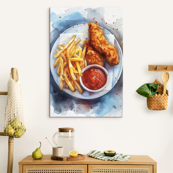 Teller mit Hähnchenstreifen und Pommes frites Wandbilder Teller mit Hähnchenstreifen und Pommes frites