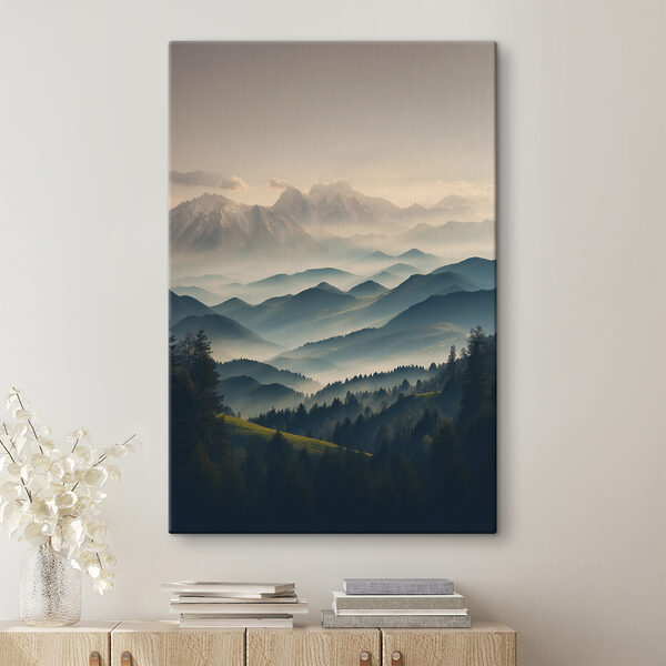 Bergkette mit Bäumen und Nebel Wandbilder Bergkette mit Bäumen und Nebel