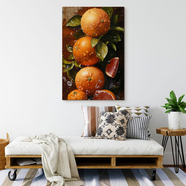 Gruppe von Orangen mit Blättern und Scheiben von Orangen Wandbilder Gruppe von Orangen mit Blättern und Scheiben von Orangen