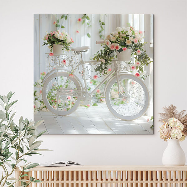 Weißes Fahrrad mit Blumen darauf Wandbilder Weißes Fahrrad mit Blumen darauf