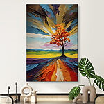 Wandbilder Baum mit orangefarbenen Blättern und einer bunten Landschaft
