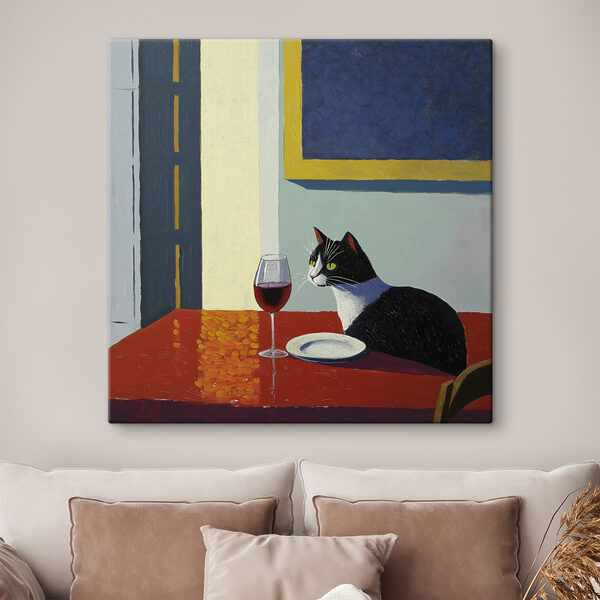 Katze sitzt am Tisch mit einem Teller und einem Teller Wandbilder Katze sitzt am Tisch mit einem Teller und einem Teller