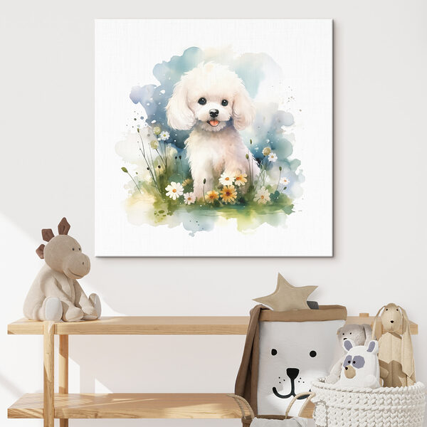 Weißer Hund in einem Blumenfeld sitzend Wandbilder Weißer Hund in einem Blumenfeld sitzend